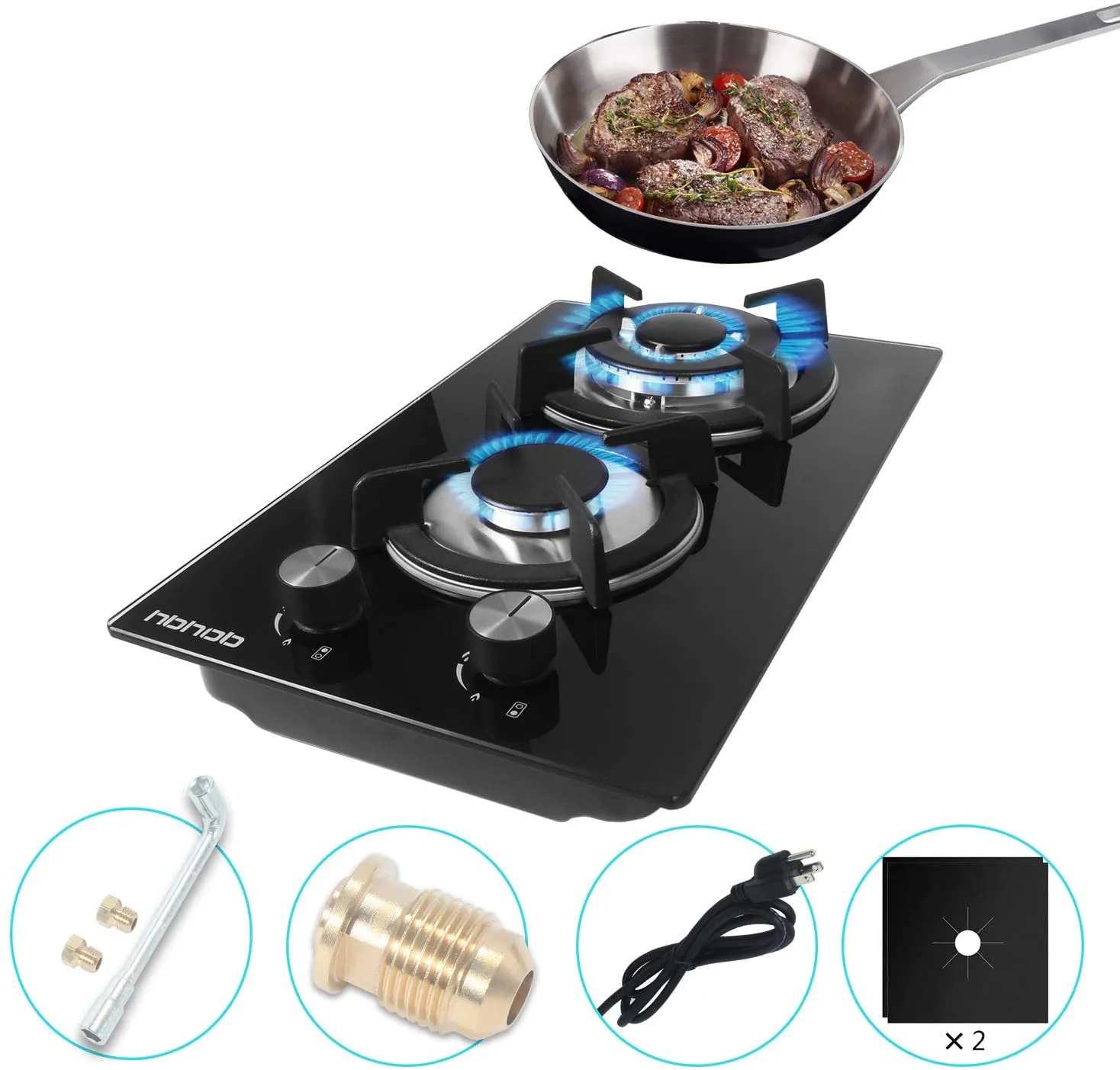 12 In Gas Stove High Gas Cooktop Gas Hob Stove Top 2 Burners Gas Range Double Burner Gas Stoves Kitchen Slope Edge Tempered Glass