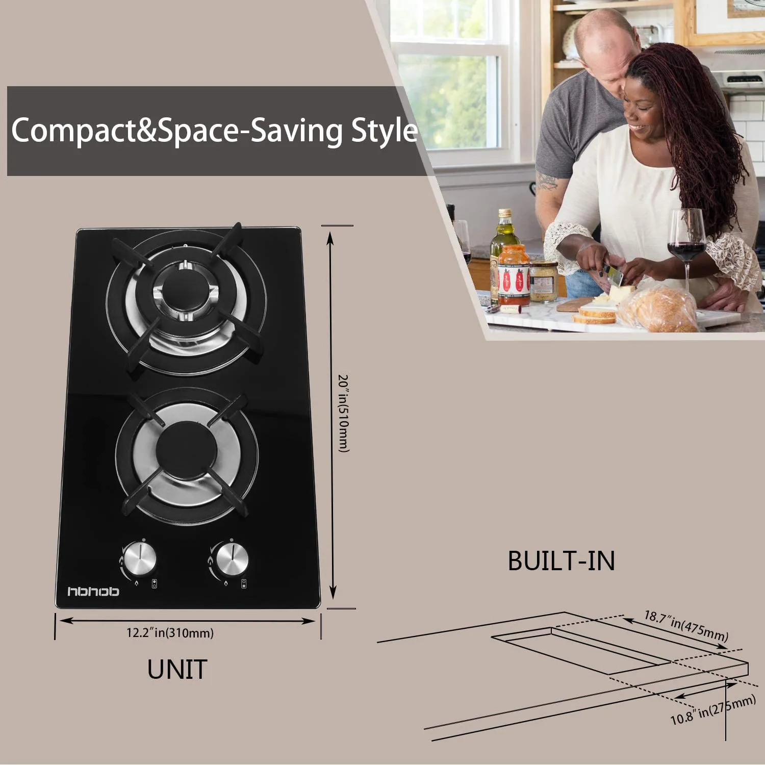 12 In Gas Stove High Gas Cooktop Gas Hob Stove Top 2 Burners Gas Range Double Burner Gas Stoves Kitchen Slope Edge Tempered Glass