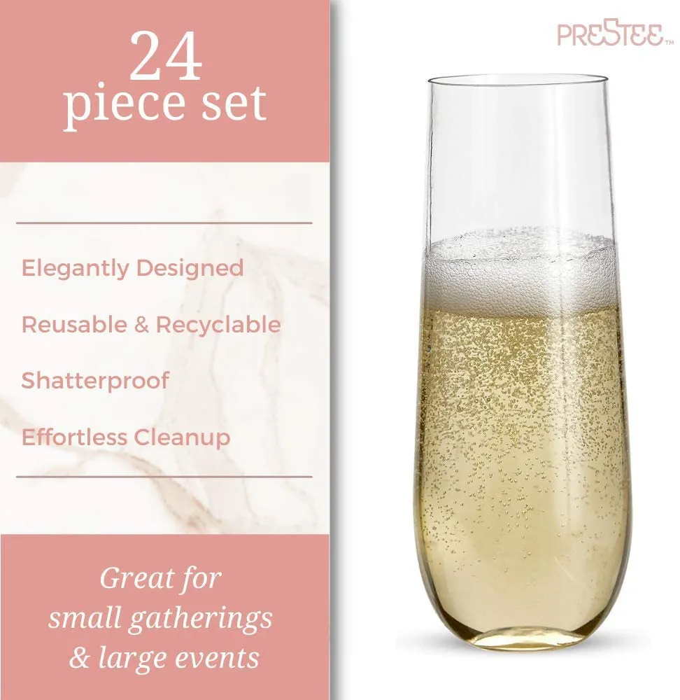 24 Stemless Plastic Champagne Flutes - 9 Oz Plastic Champagne Glasses | Clear Plastic Unbreakable | Toasting Glasses | Shatterproof | Disposable | Reusable Perfect For Wedding Or Party