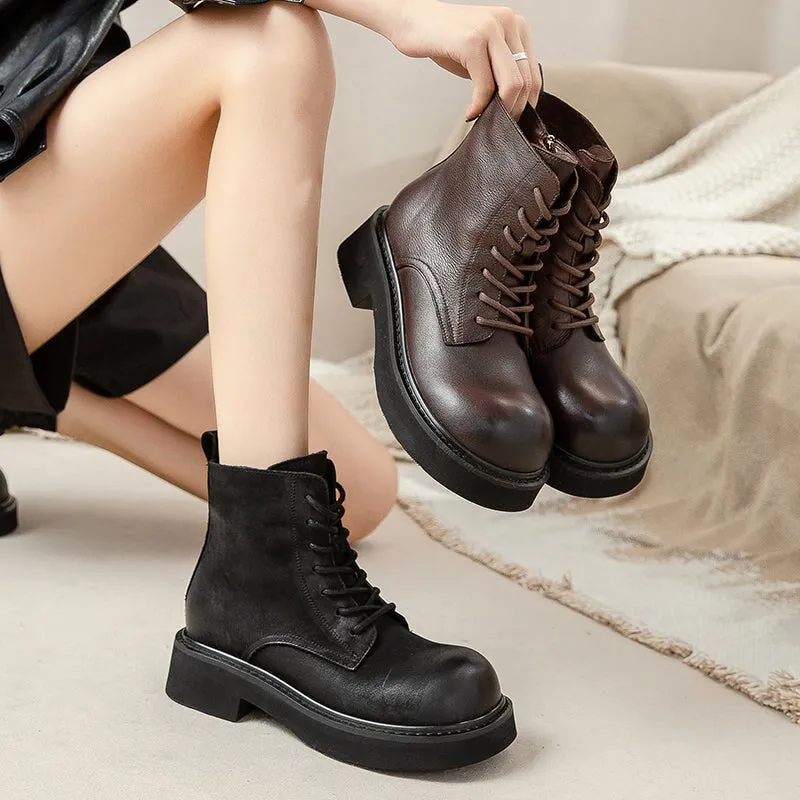 40mm Platform Boots Lace up Leather Martin Boots Big Toe Combat Boots in Coffee/Black