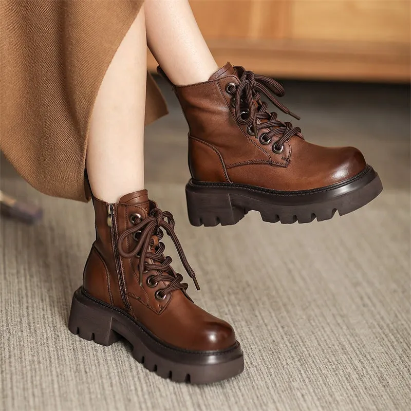 60mm Platform Boots Lace up Leather Martin Boots Handmade Combat Boots in Coffee/Black