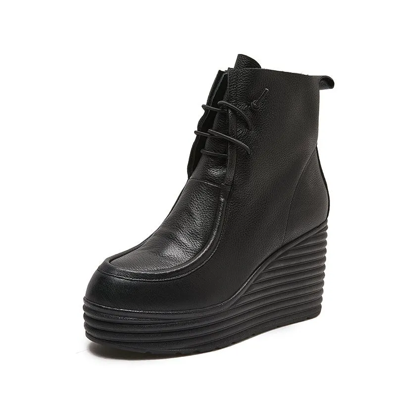 88mm Wedge Ankle Boots For Women Handmade Lace-Up Leather Designer Ankle Booties in Black/Gray