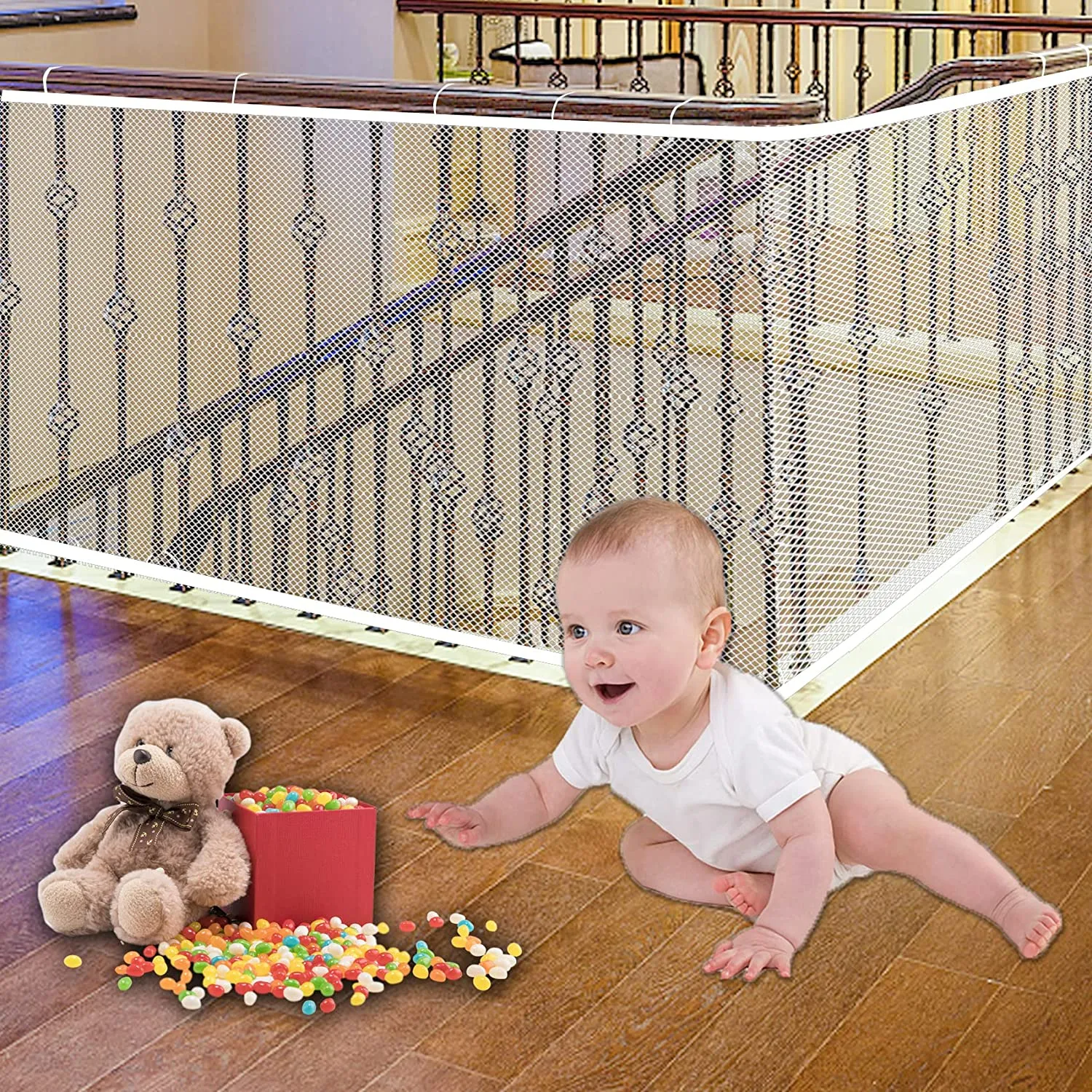 Baby Gate for Stairs, Banister Guard for Kids, Pets, Toys, 10Ft L X 2.66 Ft H, Mesh Netting Safety Net for Balcony Rail Stair, Stairway Net Baby Safety Products for Indoor & Outdoor