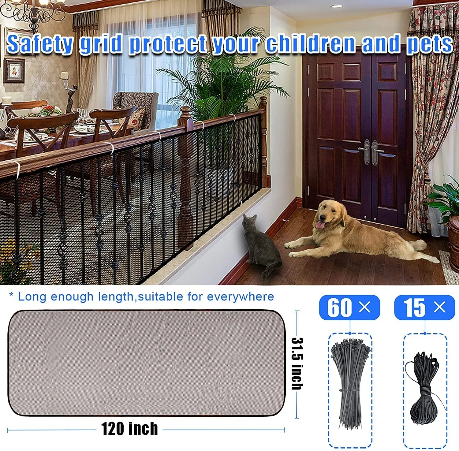 Baby Gate for Stairs, Banister Guard for Kids, Pets, Toys, 10Ft L X 2.66 Ft H, Mesh Netting Safety Net for Balcony Rail Stair, Stairway Net Baby Safety Products for Indoor & Outdoor