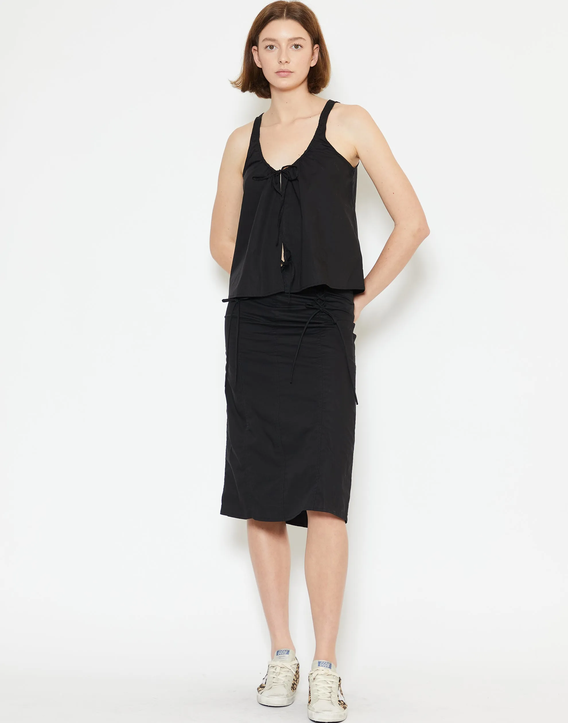 Black Cotton Poplin Double Lace Up Skirt