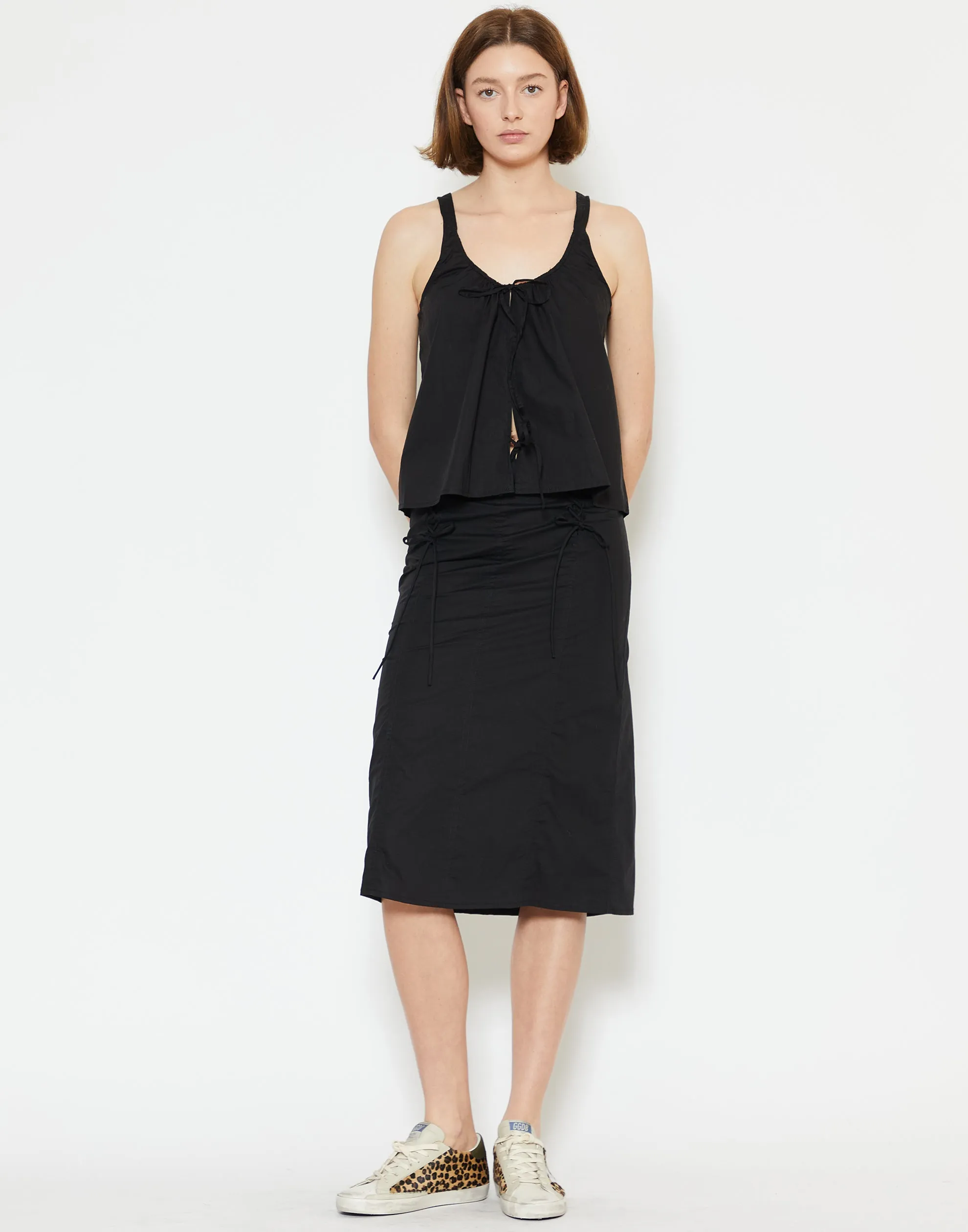 Black Cotton Poplin Double Lace Up Skirt