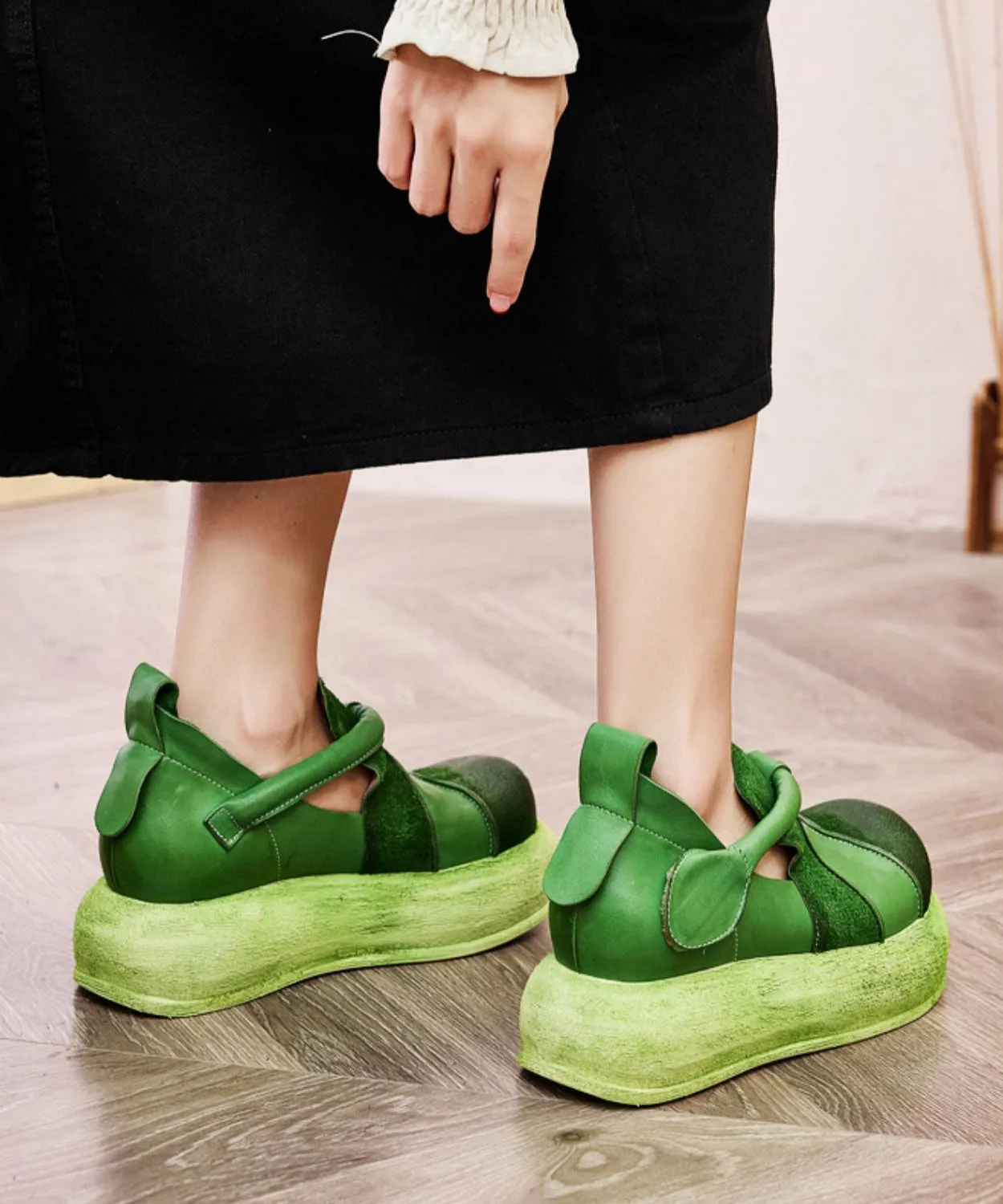 Casual Splicing Platform Flat Shoes Women Green Cowhide Leather