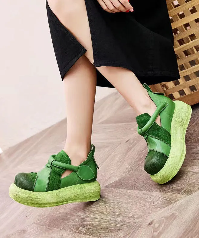 Casual Splicing Platform Flat Shoes Women Green Cowhide Leather