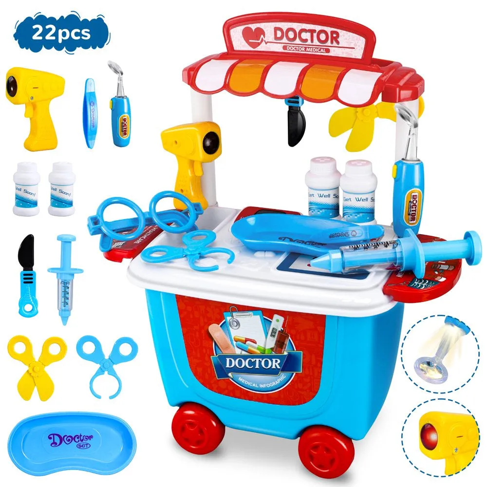 Dentist Kits, Doctor Kits 22Pcs Pretend Play Doctor Toys with Push Cart for Boys and Girls Gifts