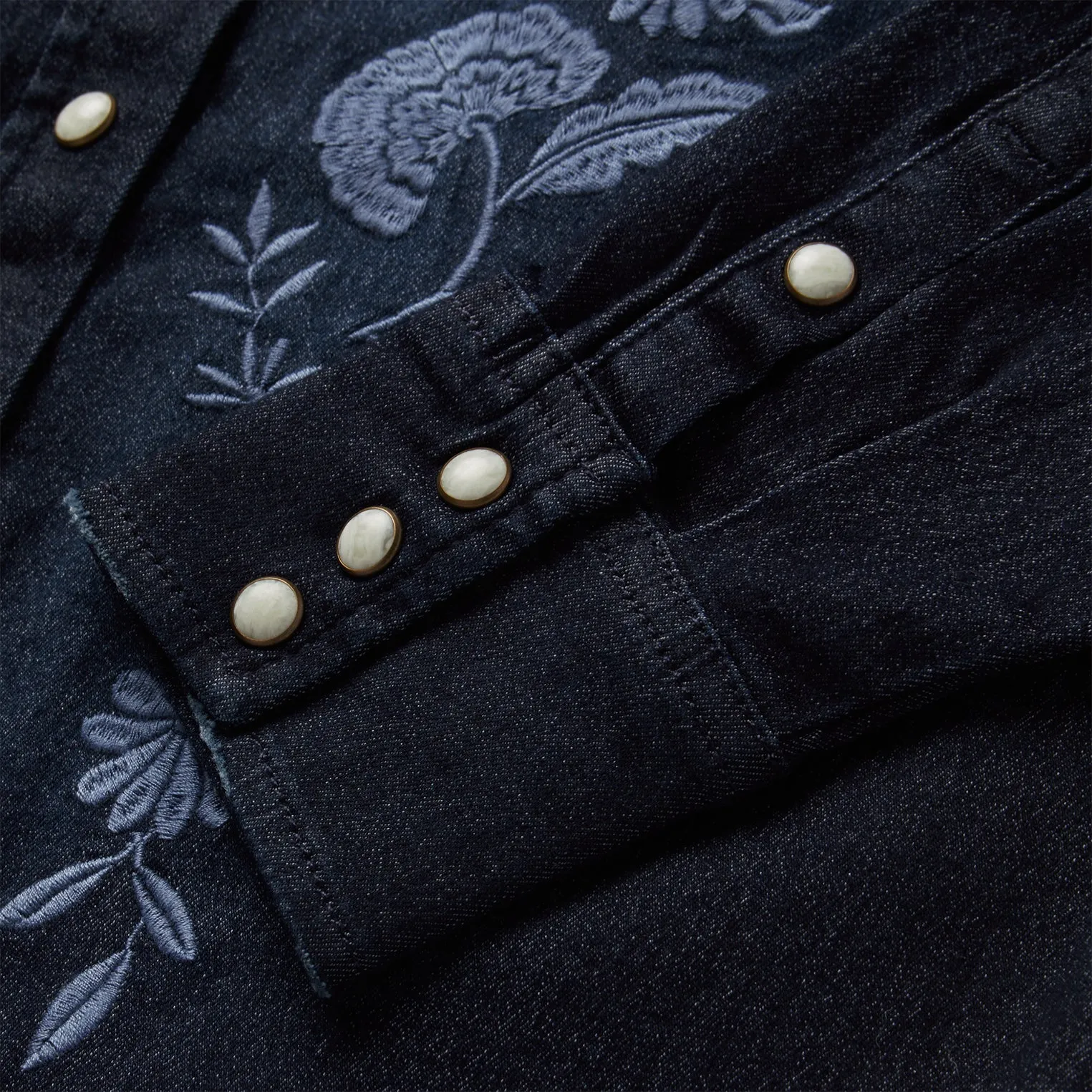 Embroidered Dark Denim Snap Front Shirt