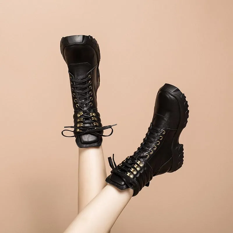 Fashion Cowhide Combat Boots Designer Retro Chunky Riding Boots Black