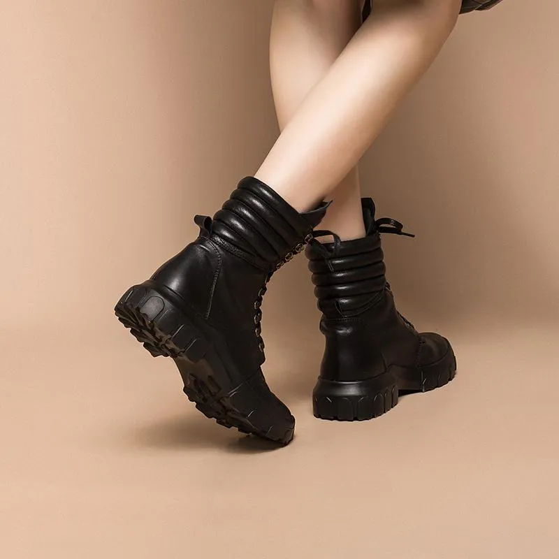 Fashion Cowhide Combat Boots Designer Retro Chunky Riding Boots Black