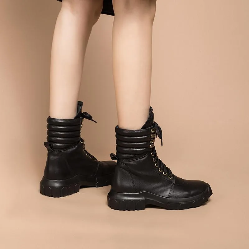 Fashion Cowhide Combat Boots Designer Retro Chunky Riding Boots Black