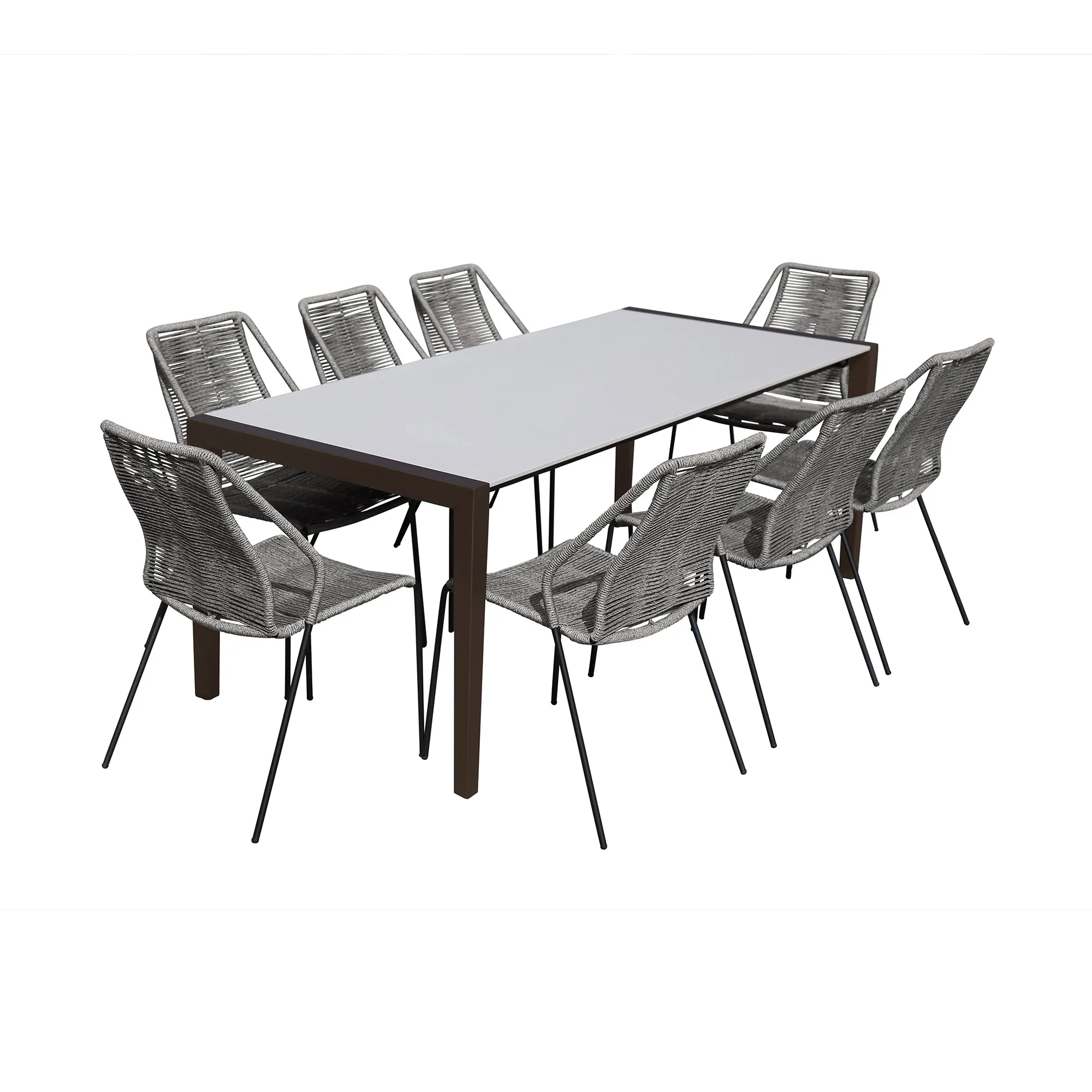 Fineline and Clip Indoor Outdoor 9 Piece Dining Set in Dark Eucalyptus Wood with Superstone and Grey Rope