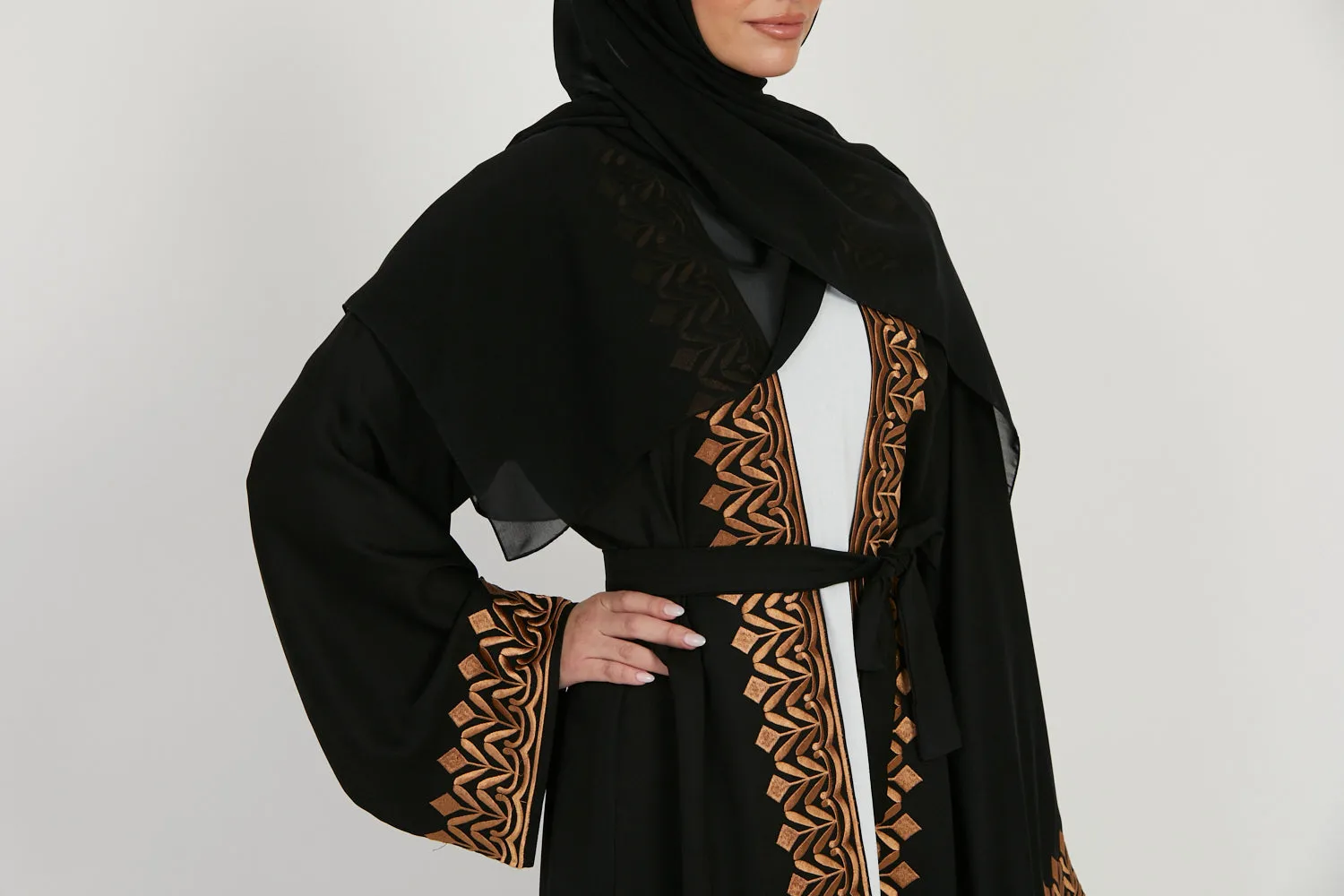 Four Piece Classic Black Embroidered Open Abaya Set