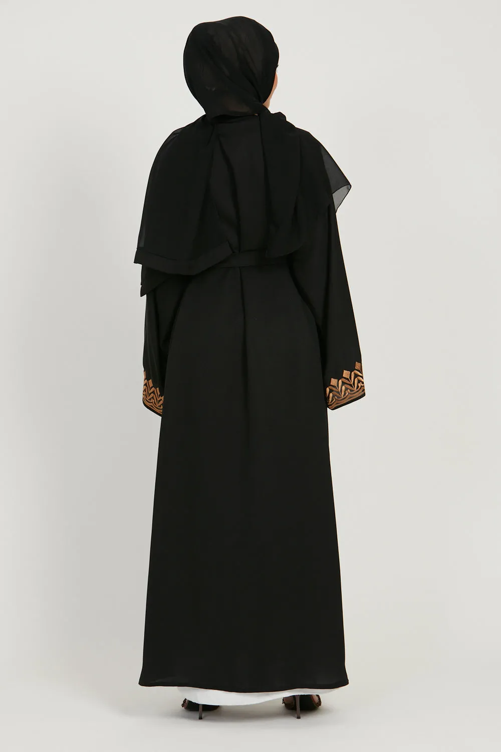 Four Piece Classic Black Embroidered Open Abaya Set