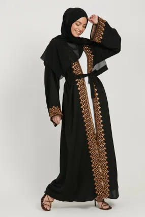 Four Piece Classic Black Embroidered Open Abaya Set