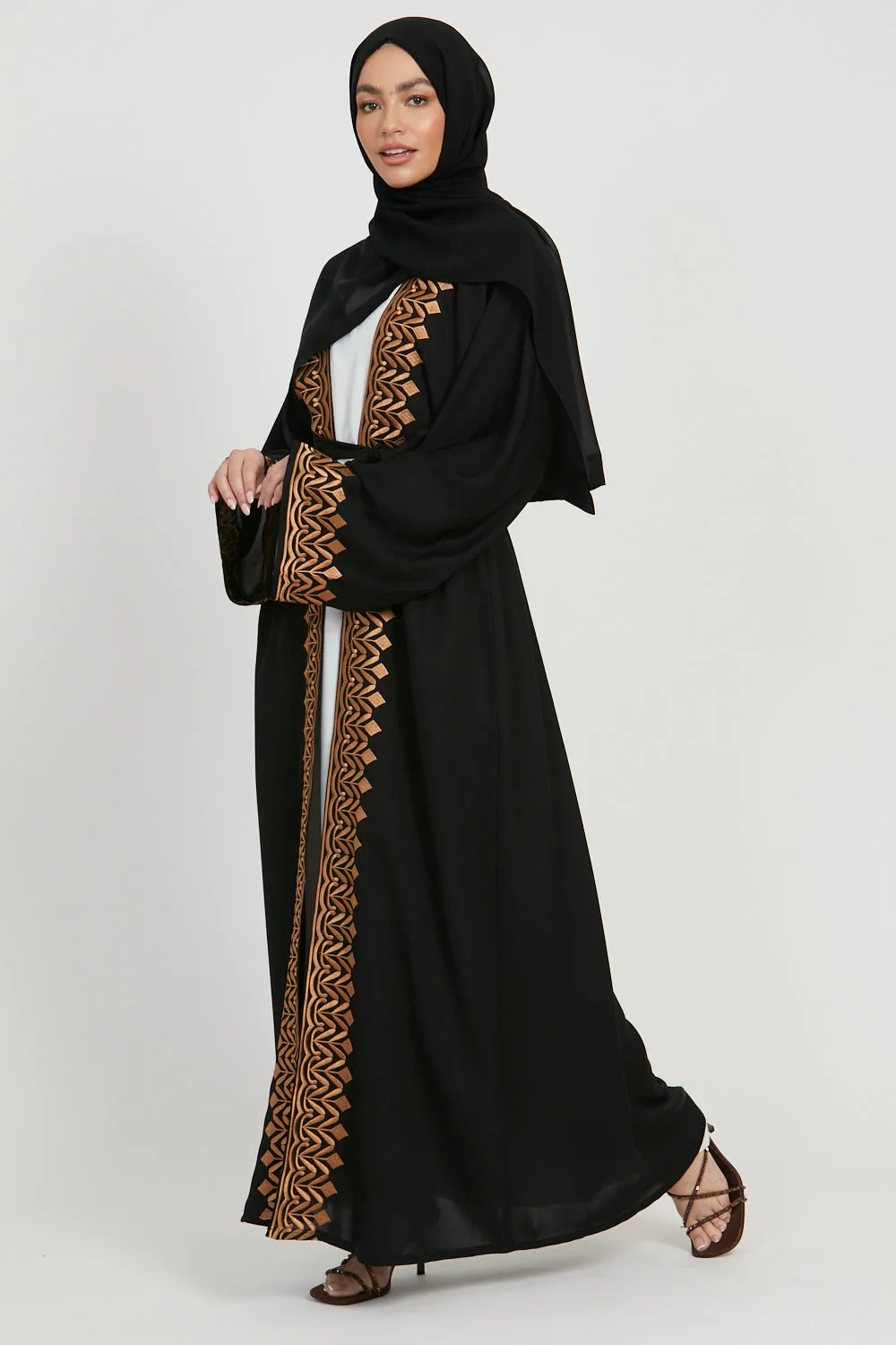 Four Piece Classic Black Embroidered Open Abaya Set