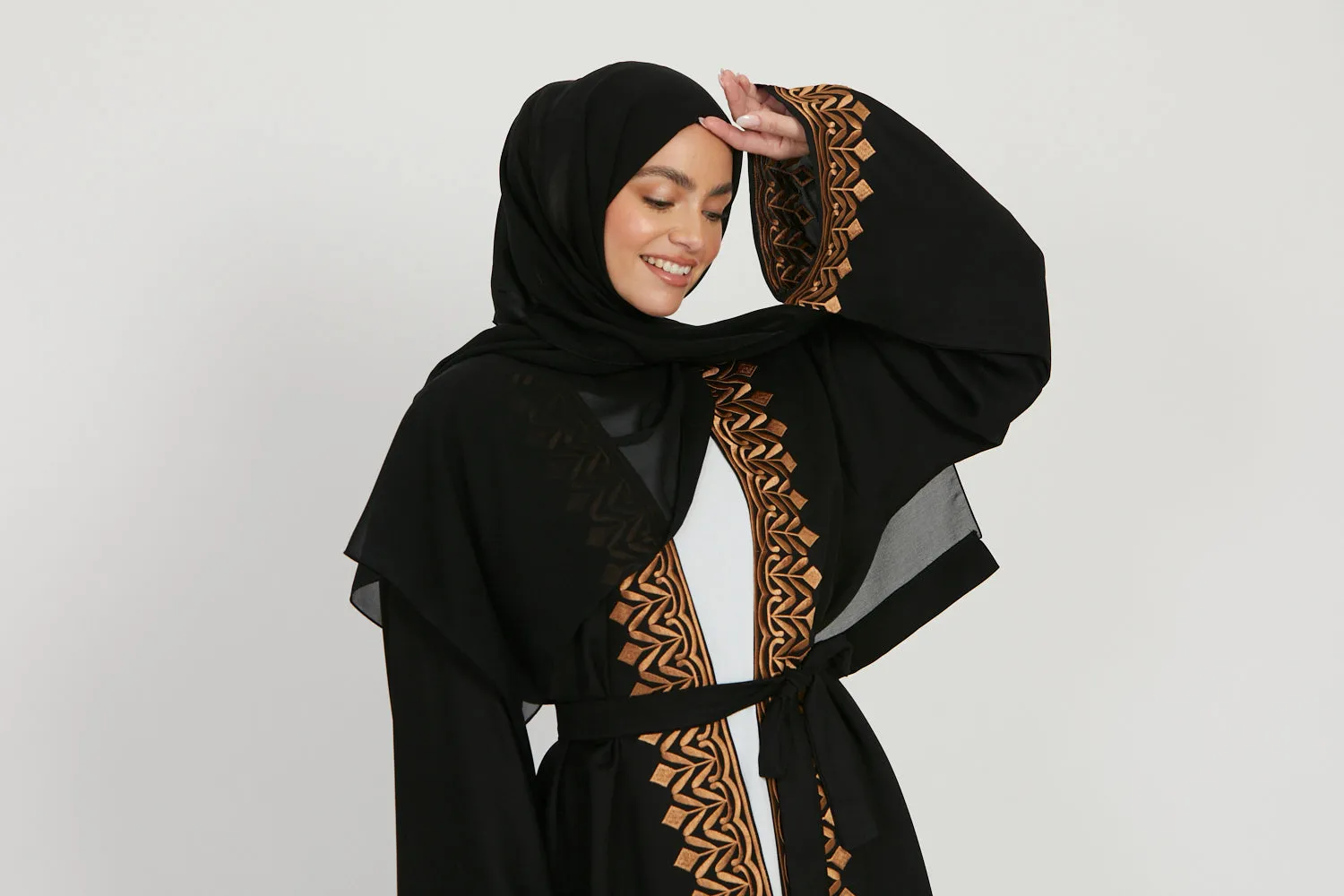 Four Piece Classic Black Embroidered Open Abaya Set