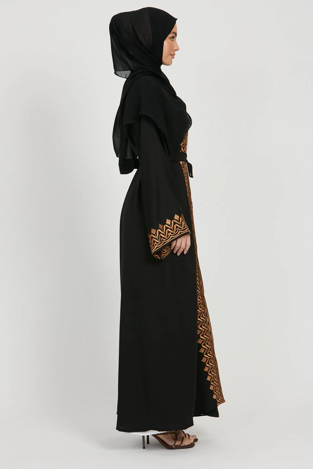 Four Piece Classic Black Embroidered Open Abaya Set