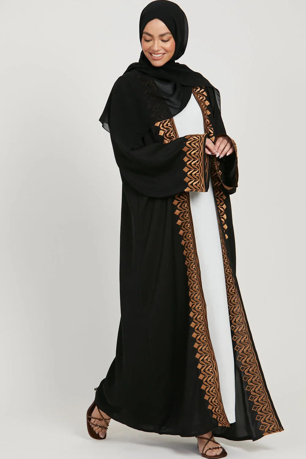 Four Piece Classic Black Embroidered Open Abaya Set