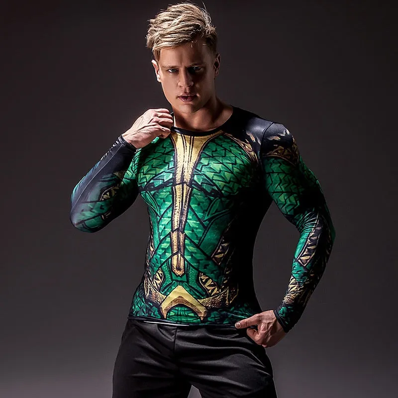 Green AQUAMAN Long Sleeve Compression Shirt for Men