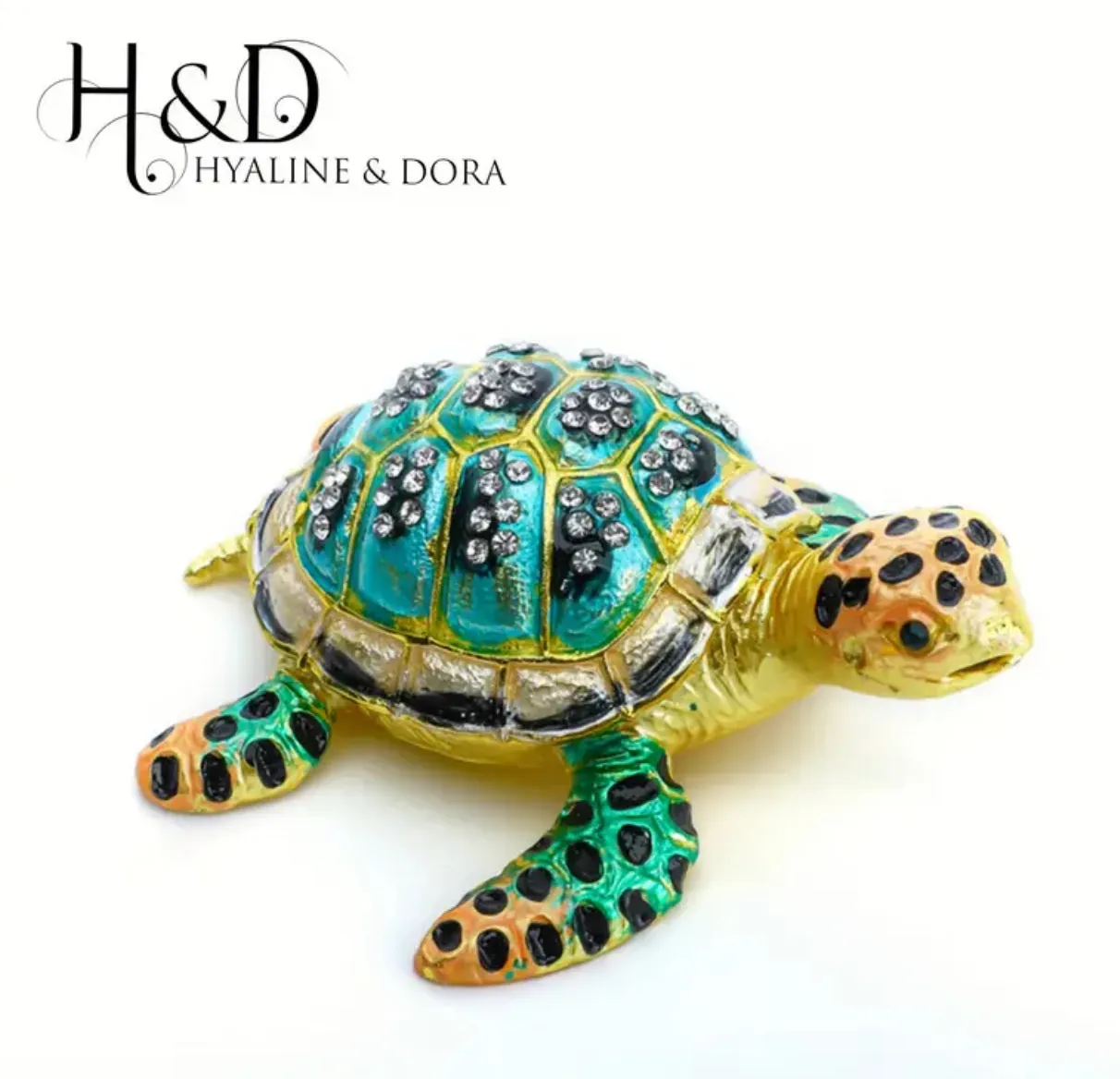 H&D HYALINE & DORA Hand-Painted Hinged Jewelry, 3” Jeweled Enameled Turtle Jewelry Case