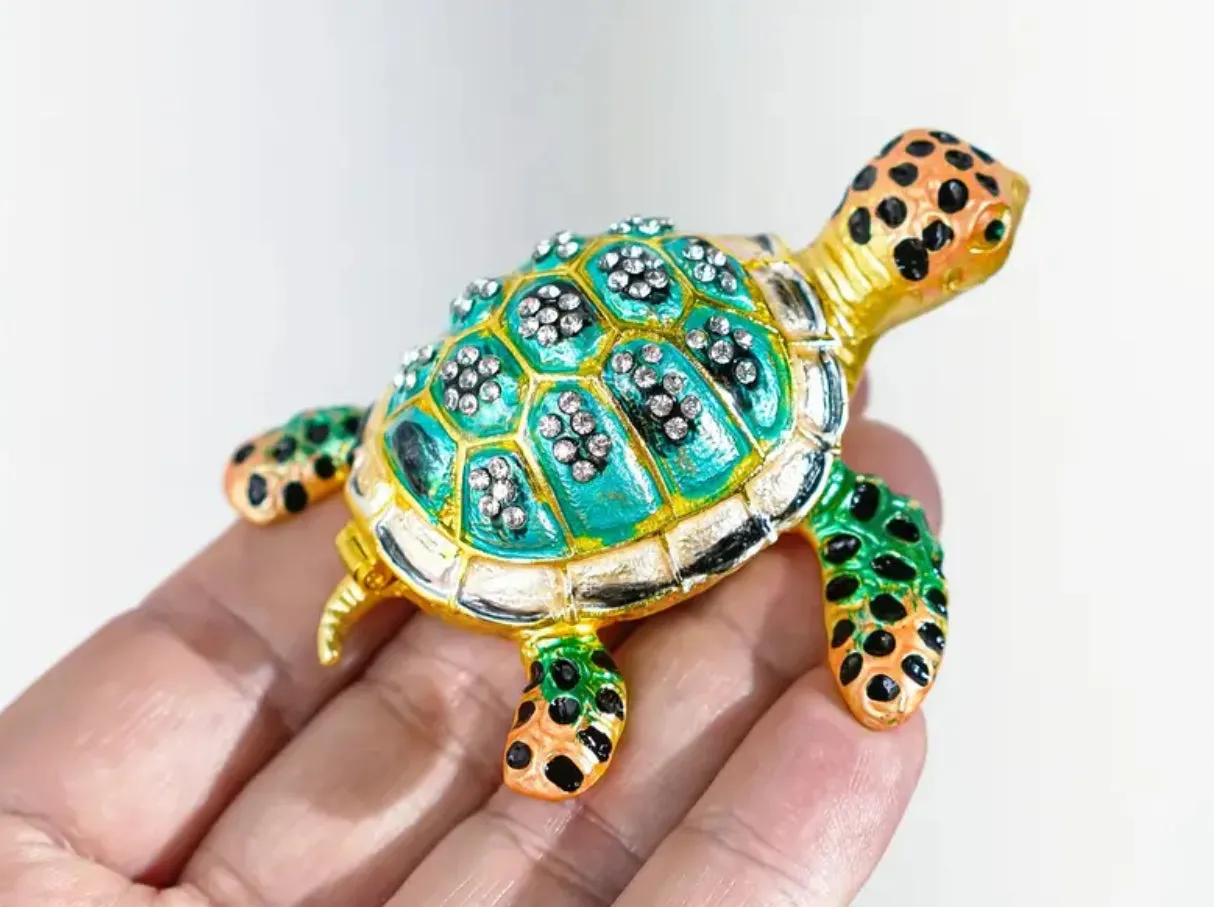 H&D HYALINE & DORA Hand-Painted Hinged Jewelry, 3” Jeweled Enameled Turtle Jewelry Case