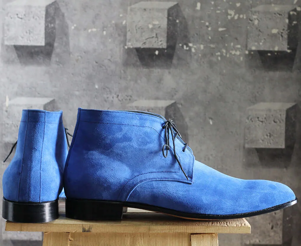 Handmade Men’s Blue Half Ankle Suede Lace Up Boots, Men Suede Chukka Boots