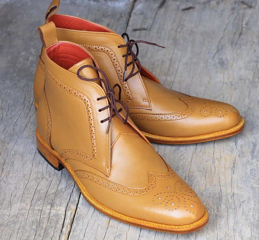 Handmade Men's Wing Tip Brogue Leather Chukka boots, Tan leather Lace Up boots