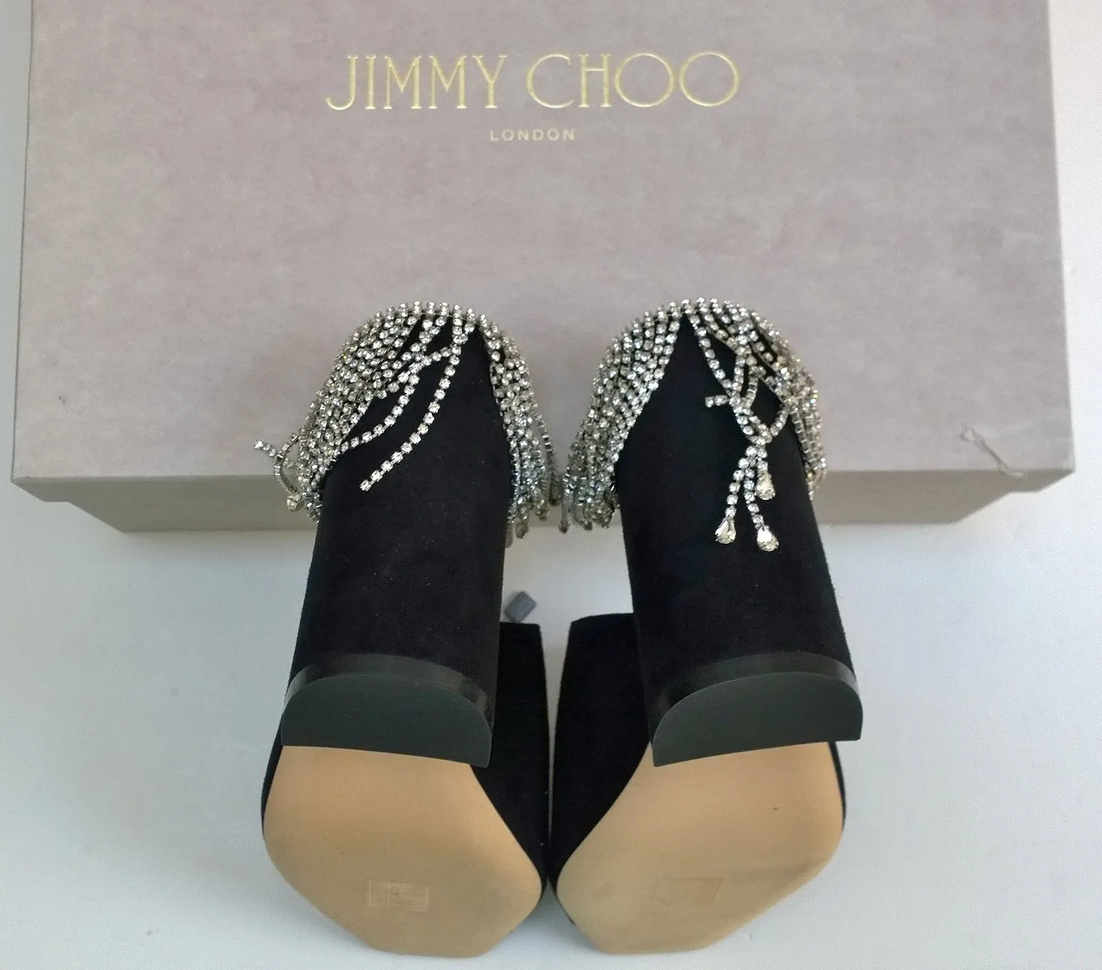 Jimmy Choo Baia 100 Black Suede and Rhinestone Mules Heels Sandals