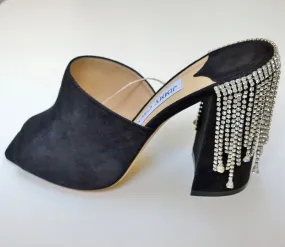 Jimmy Choo Baia 100 Black Suede and Rhinestone Mules Heels Sandals