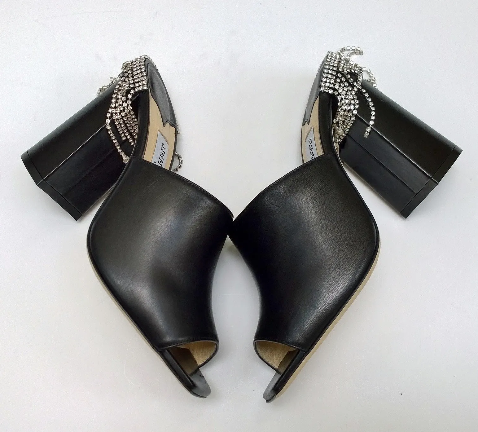 Jimmy Choo Baia Black Leather Rhinestone Tassel Sandals Heels Mules