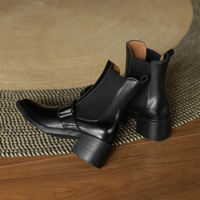 Leather Short Boots Designer Retro Block Heel Chelsea Boots in Brown/Black