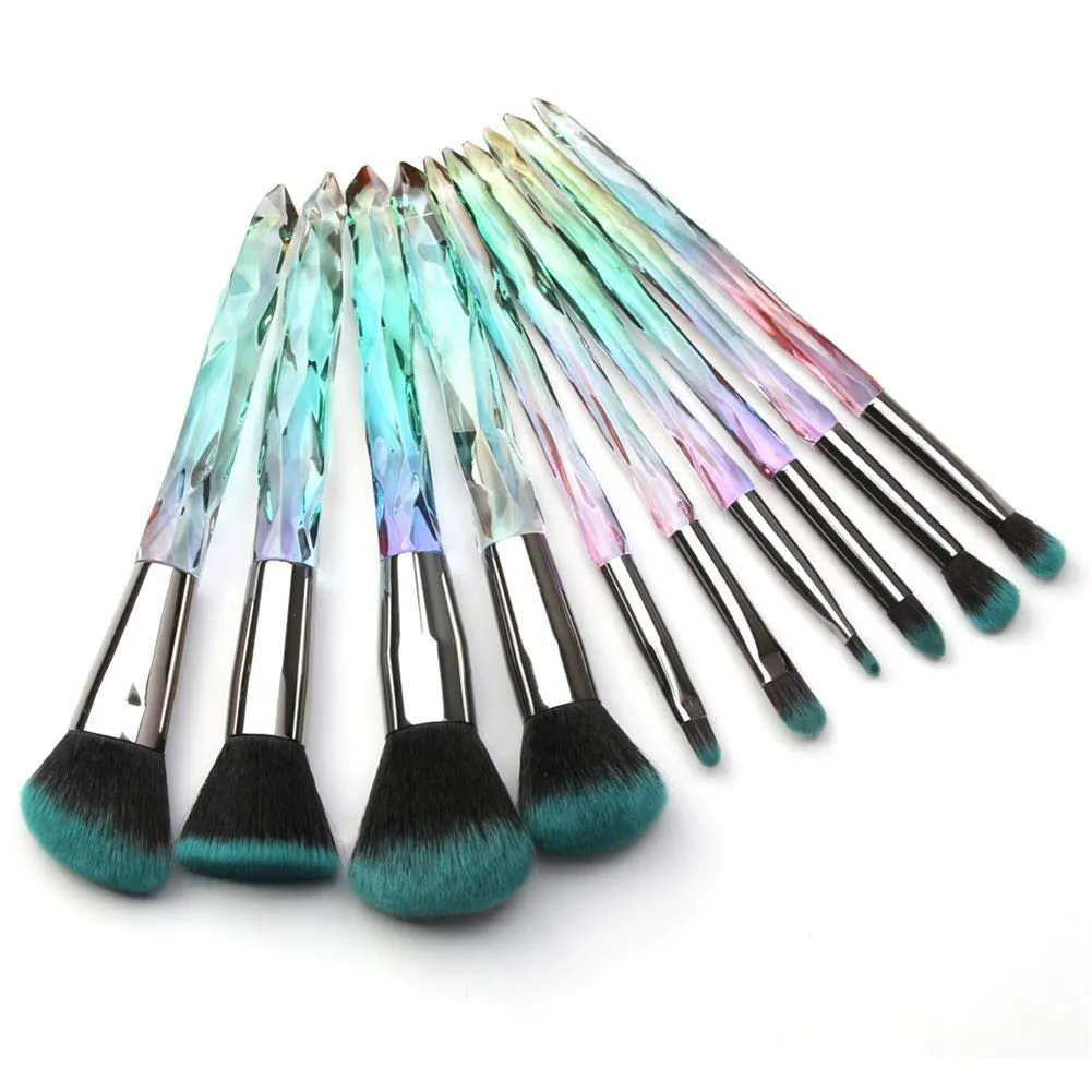 Makeup Brushes Crystal Handle Set, Tenmon 10 PCS Crystal Transparent Handle Kabuki Powder Foundation Brush Concealer Eye Shadow Eyeliner Eyebrow Brush (Green) (Purple)