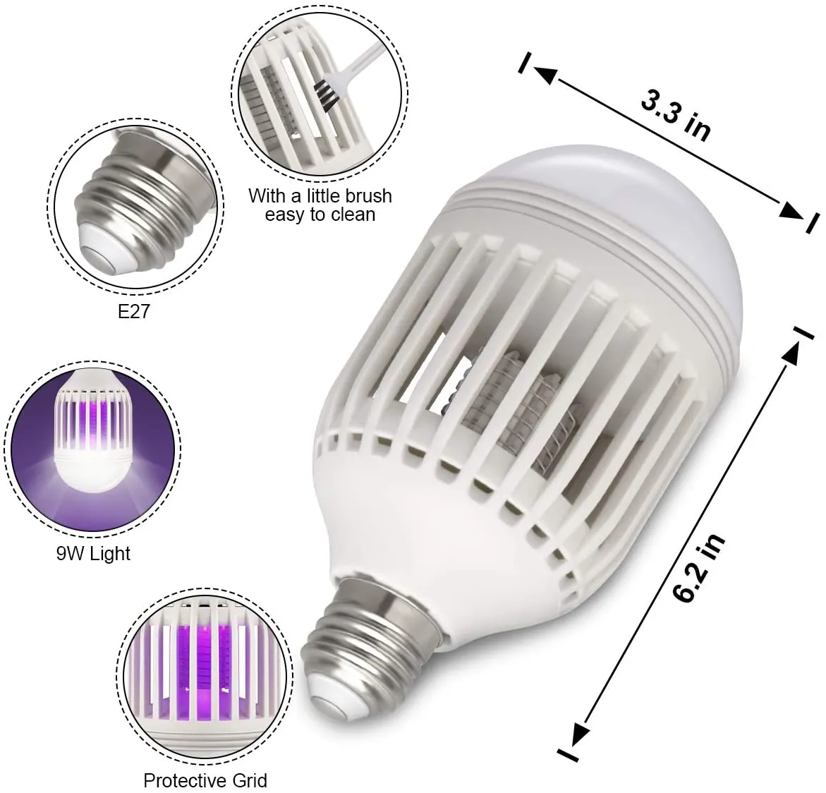 NoBug Bug Zapper Led Light Bulb 2 in 1, Mosquito Killer Lamp Led UV Lamp Fly Moths Zappers Fits 110V E26 Light Bulbs Socket