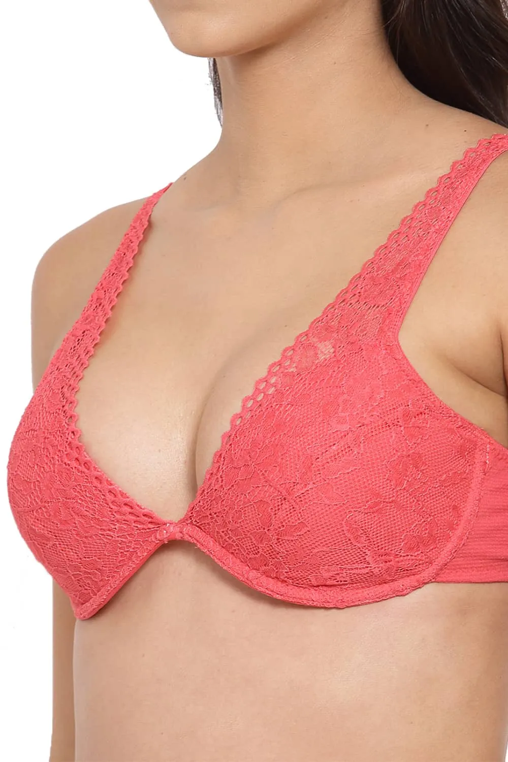 Organic Cotton Antimicrobial Laced Cushioned Padded underwired Bra-ISB107-Poping Bright Pink-