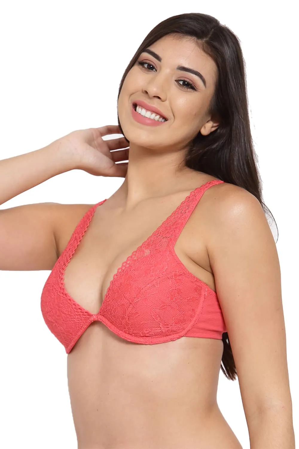 Organic Cotton Antimicrobial Laced Cushioned Padded underwired Bra-ISB107-Poping Bright Pink-