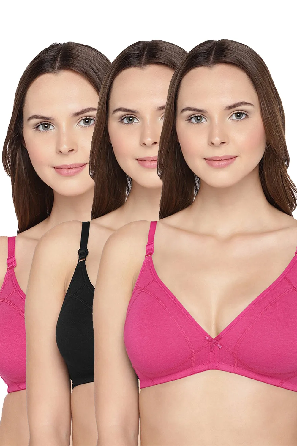 Organic Cotton Antimicrobial Seamless Triangular Bra with Supportive Stitch (Pack of 3)-ISB099-_Fuschia_Fuschia_Black-