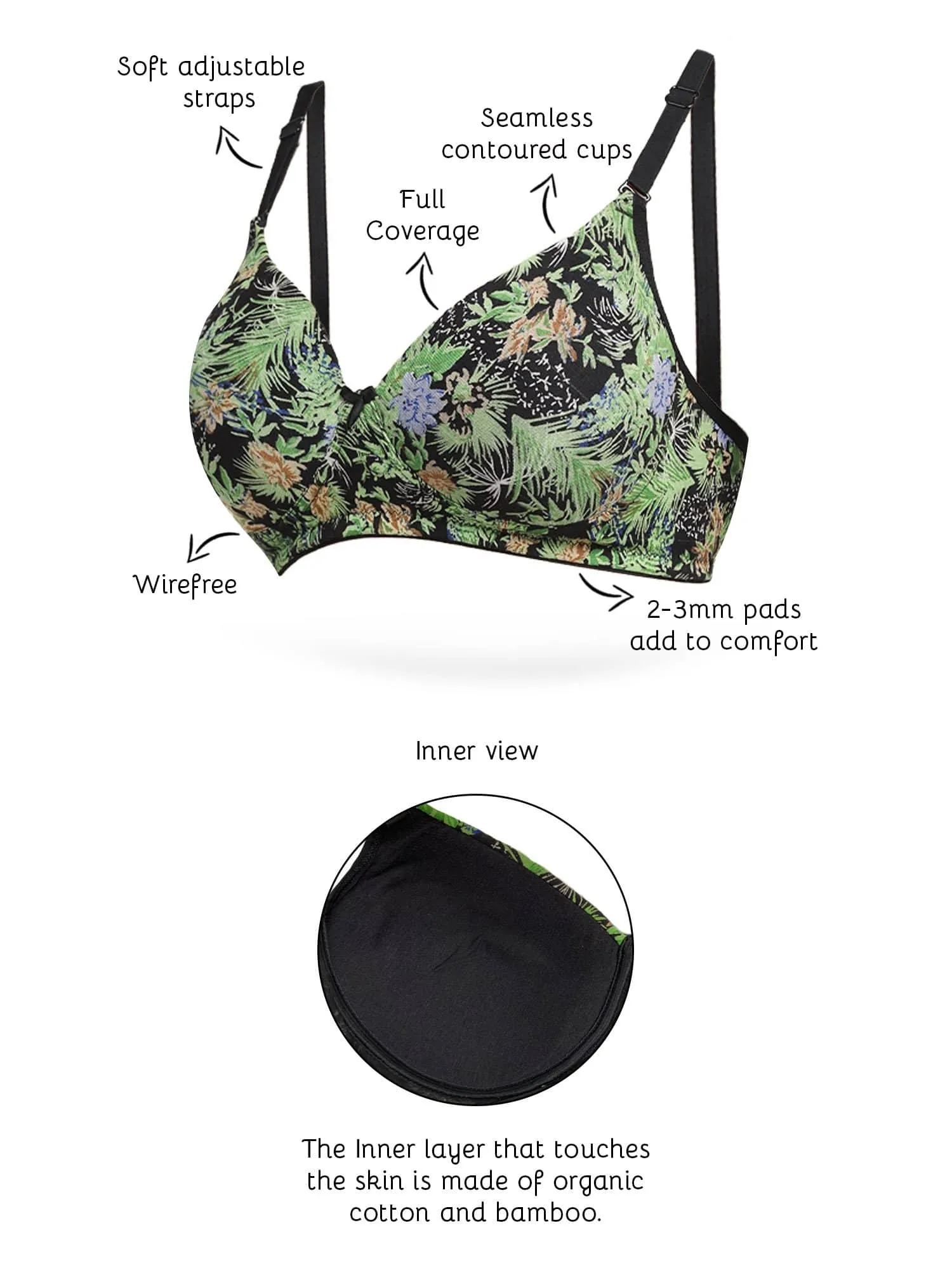 Organic Cotton  Antimicrobial Wire-free Padded Bra (Pack of 2)-ISB068-Black_Jungle Print-