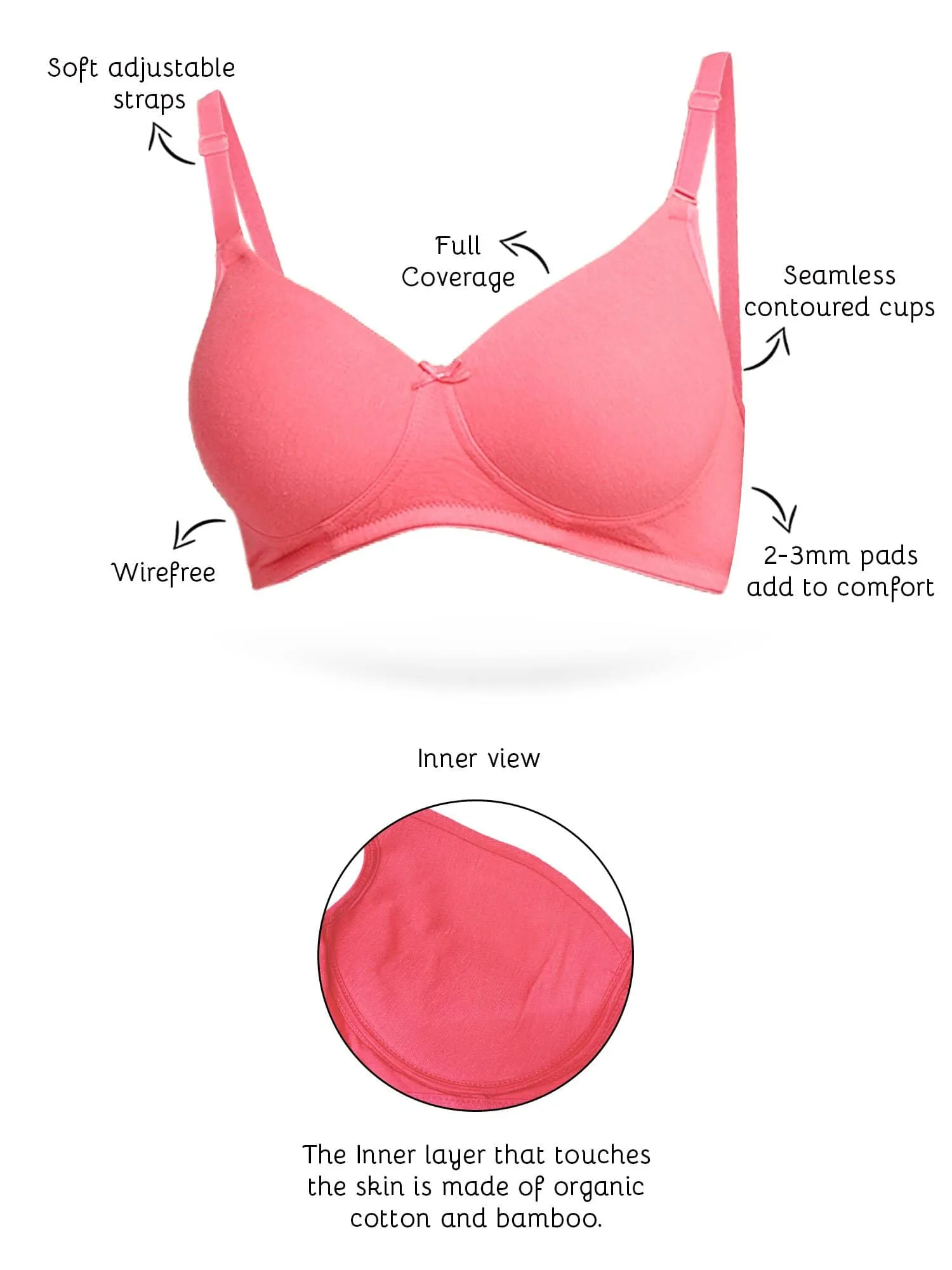 Organic Cotton  Antimicrobial Wire-free Padded Bra (Pack of 3)-ISB068-B.Pink_B.Pink_Coral Pink-