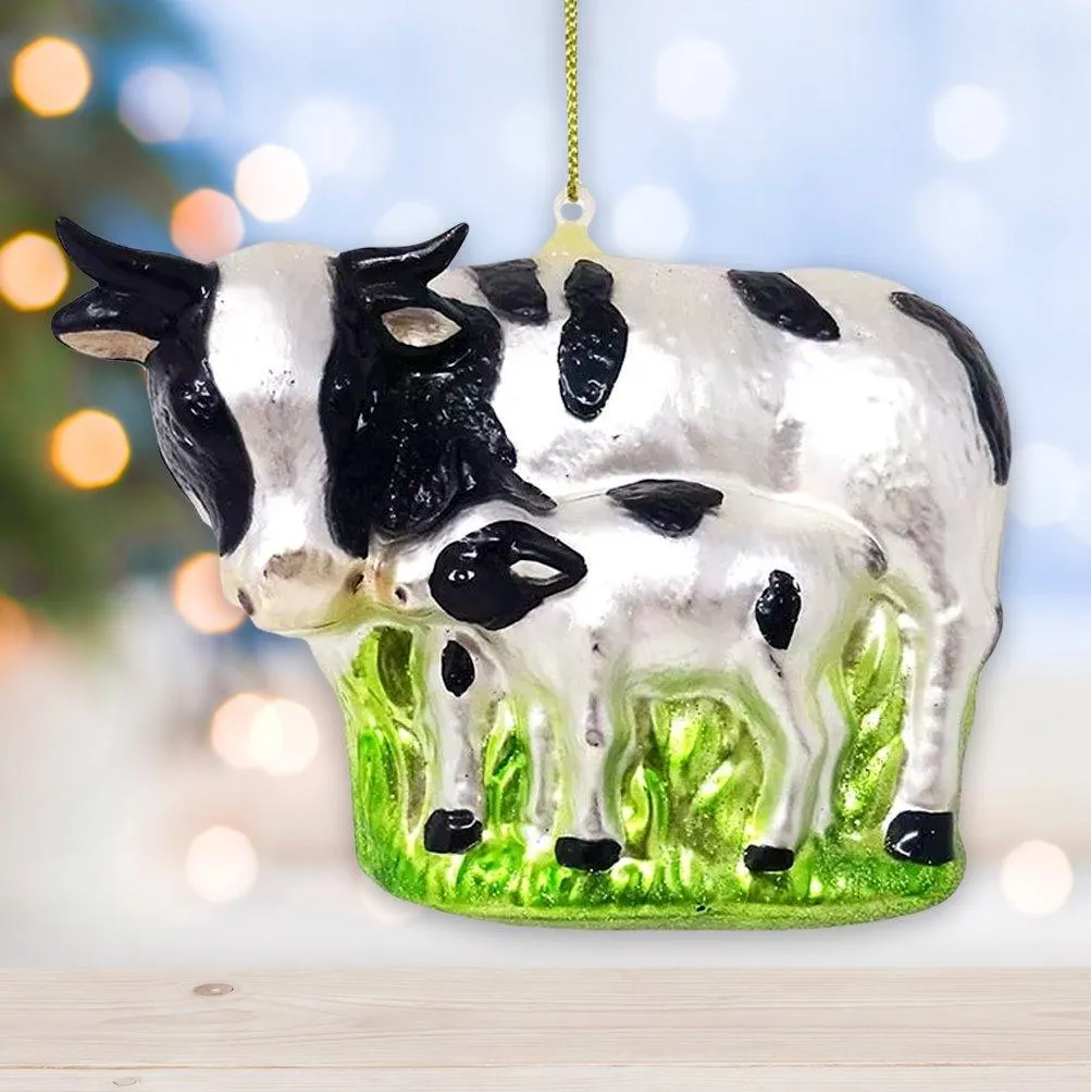 Ornamentally You Cow and Calf Glass Christmas Ornament