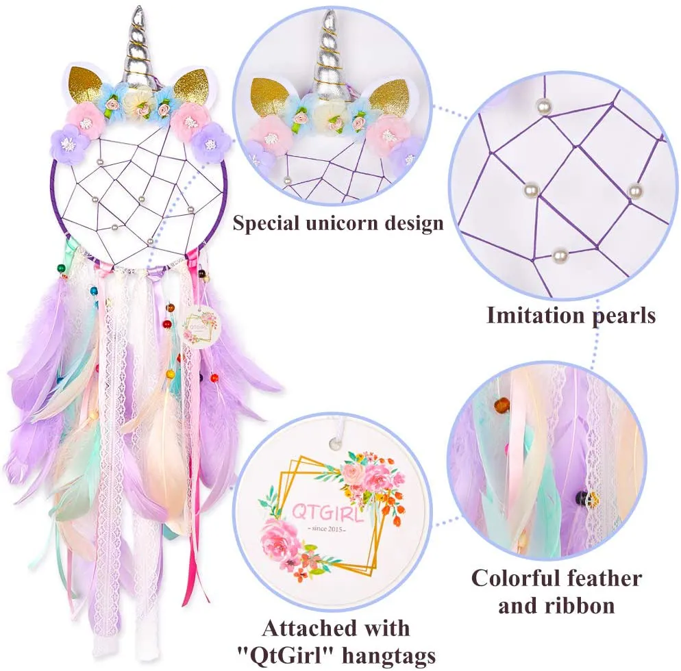 Qtgirl Dream Catchers for Kids Unicorn Dream Catcher Feather Wall Decor for Girls Bedroom Flower Wall Hanging Decoration Flower Dream Catcher