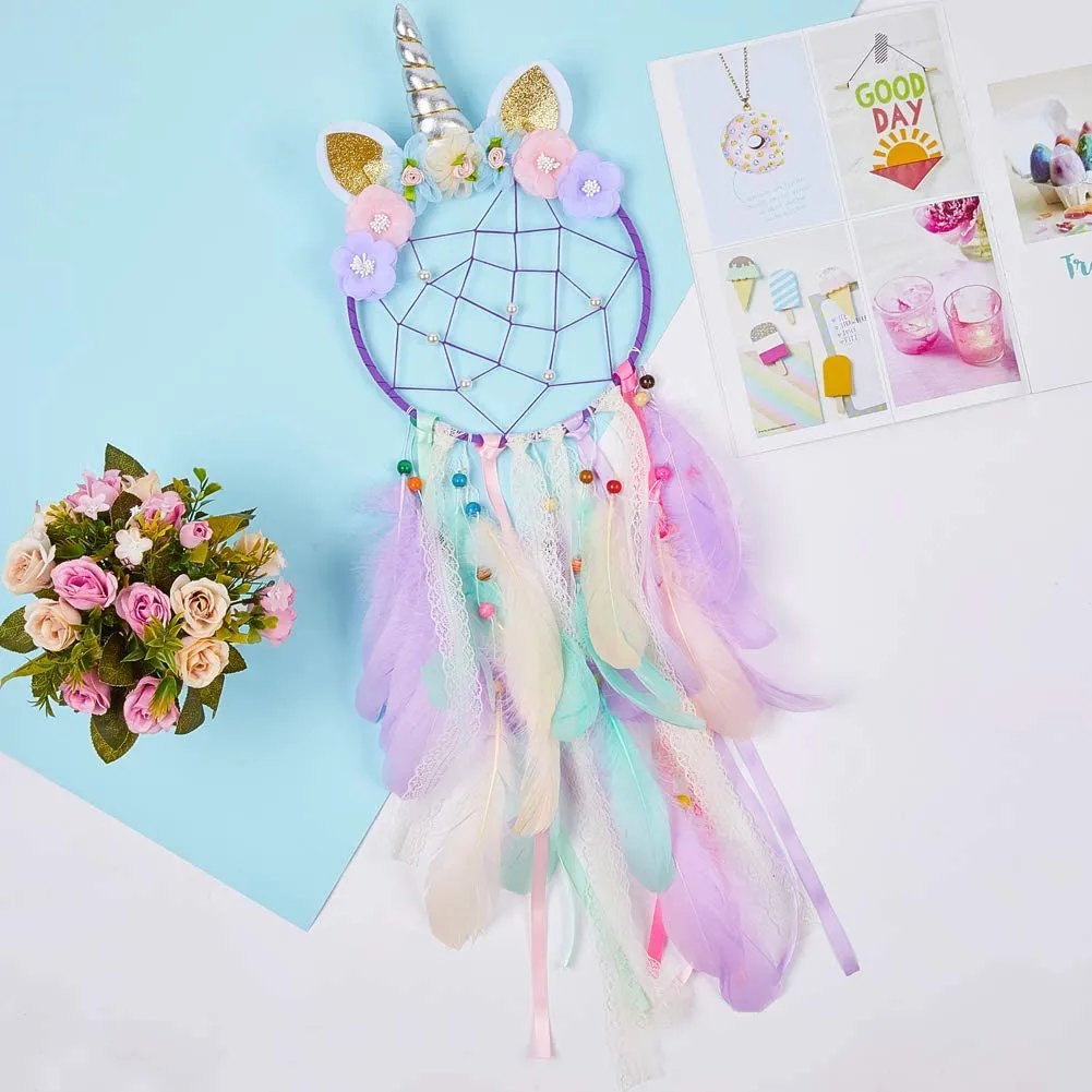 Qtgirl Dream Catchers for Kids Unicorn Dream Catcher Feather Wall Decor for Girls Bedroom Flower Wall Hanging Decoration Flower Dream Catcher