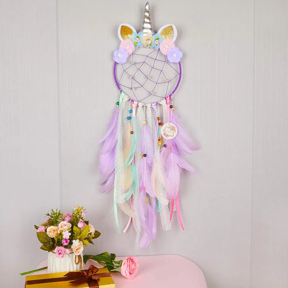 Qtgirl Dream Catchers for Kids Unicorn Dream Catcher Feather Wall Decor for Girls Bedroom Flower Wall Hanging Decoration Flower Dream Catcher