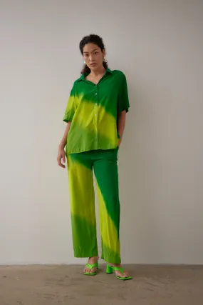 QUINN DRAWSTRING PANT GREEN HAND PAINTED SILK SATIN