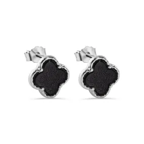 Rhodium Plated 925 Sterling Silver Black Enamel Four Leaf Clover 8.2mm Stud Earring