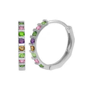 Rhodium Plated 925 Sterling Silver Multi-Colored CZ Huggie Hoop Earrings