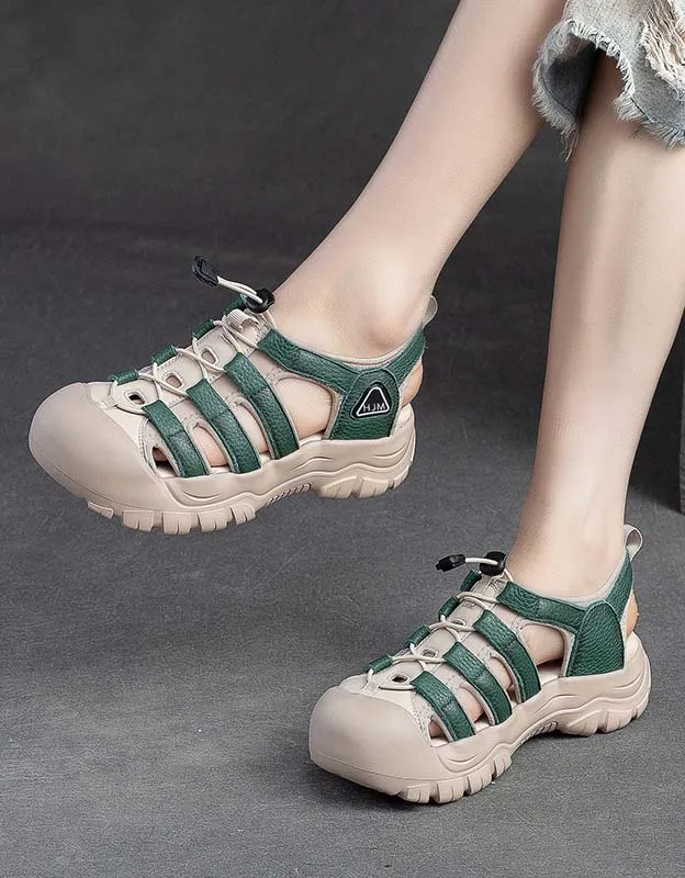 Round Toe Cut Out Leather Sneakers Sandals