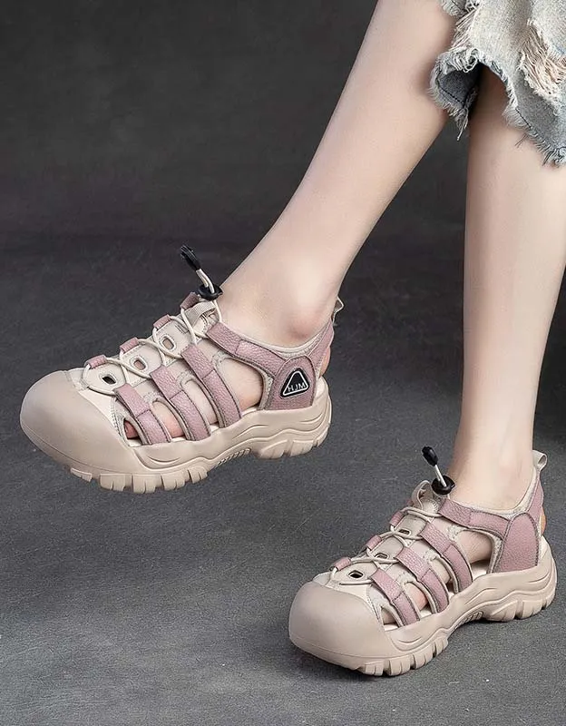 Round Toe Cut Out Leather Sneakers Sandals